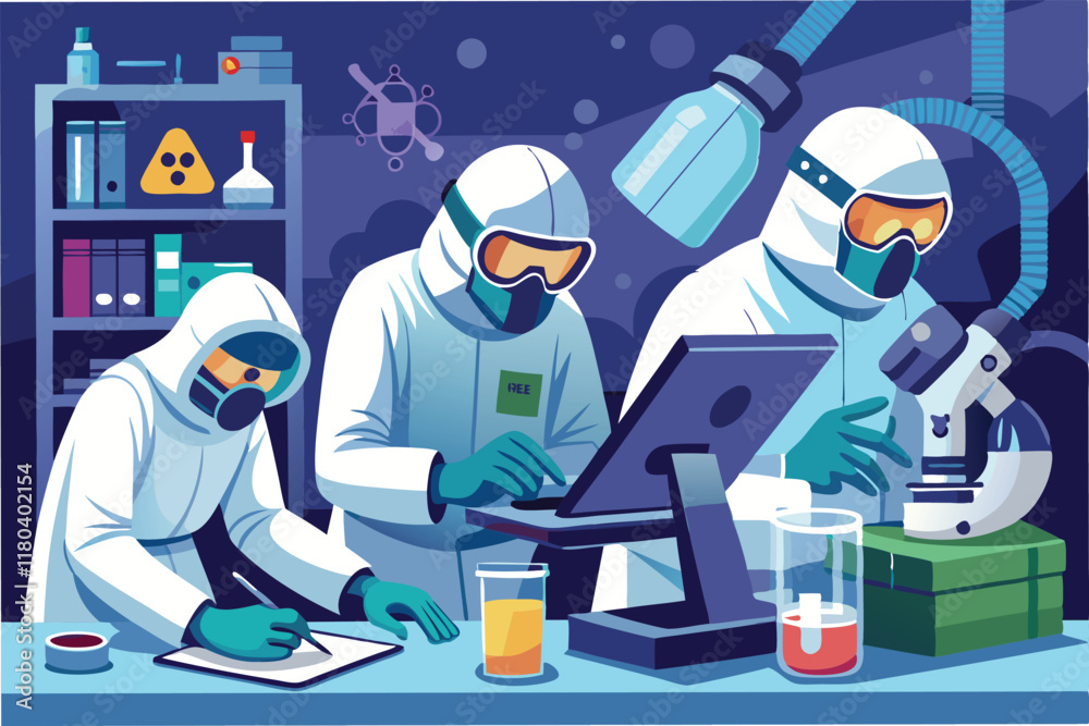 team of scientists in biosafety level 4 lab wearing full hazmat suits analyzing samples of the Hantahmpv virus under high tech microscope clipart vector