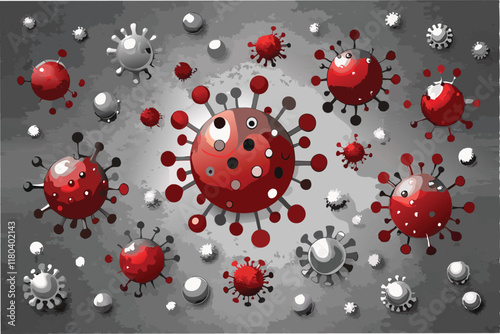 textured metallic surface scattered with embossed hmpv particles reflecting light in shades of silver and crimson clipart vector
