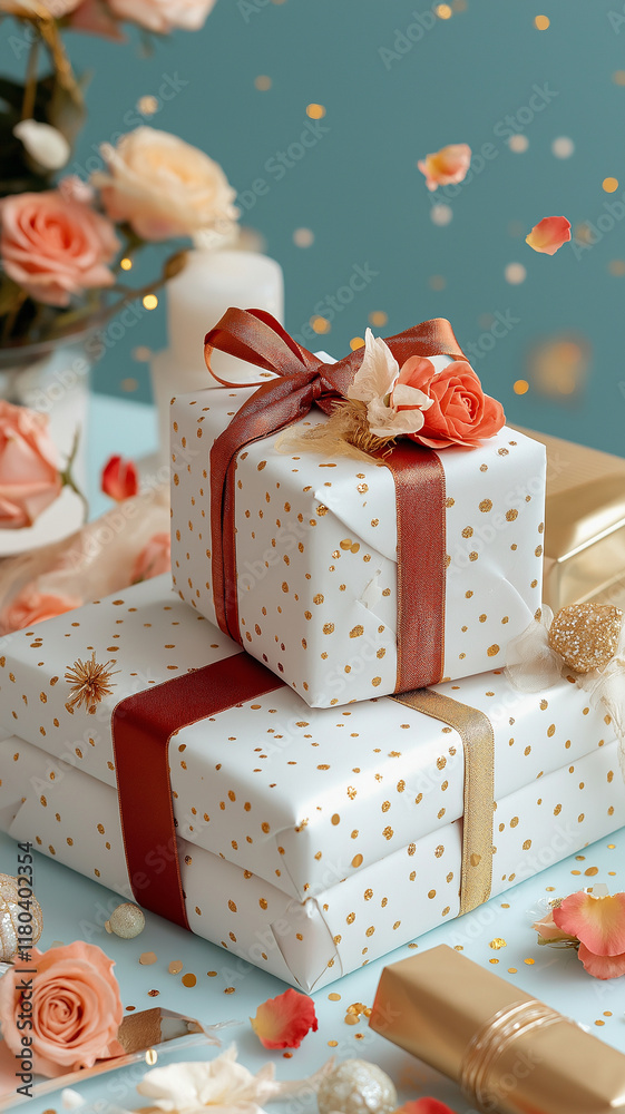 A stack of white and red boxes with gold trim and a red ribbon A stack of white and red boxes with gold trim and a red ribbon