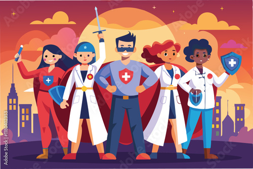 team of animated healthcare workers wearing superhero capes holding syringes and shields standing against sunset clipart vector