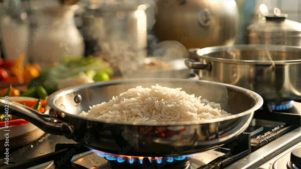 Cooking rice in stainless steel pan on gas stove, with steam rising and fresh vegetables, creates warm and inviting atmosphere in kitchen for food preparation and culinary delights. Cooking rice in stainless steel pan on gas stove, with steam rising and fresh vegetables, creates warm and inviting atmosphere in kitchen for food preparation and culinary delights.