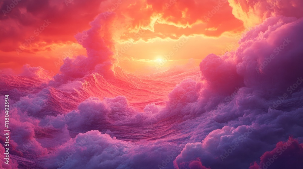 Ocean waves with pink clouds and a fiery sunset, great for nature backgrounds Ocean waves with pink clouds and a fiery sunset, great for nature backgrounds