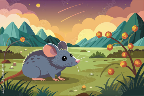 rural landscape with field mouse as the focal point symbolizing the natural host of the Hantahmpv virus with subtle hmpv virus particles floating in the background clipart vector