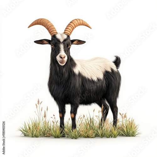 A charming black and white Spanish goat stands gracefully in a lush field of grass, showcasing its unique personality and vibrant habitat.