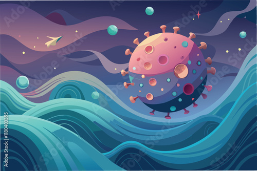 An ethereal backdrop featuring floating Human metapneumovirus Virus hmpv with soft translucent waves and glowing orbs giving it surreal look clipart vector