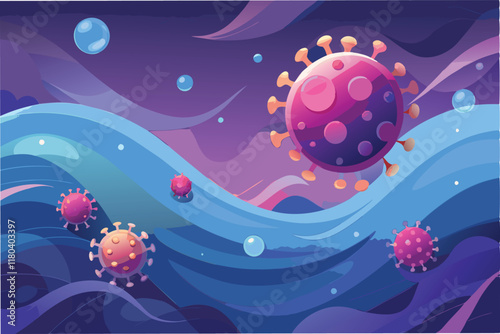 An ethereal backdrop featuring floating Human metapneumovirus Virus hmpv with soft translucent waves and glowing orbs giving it surreal look clipart vector
