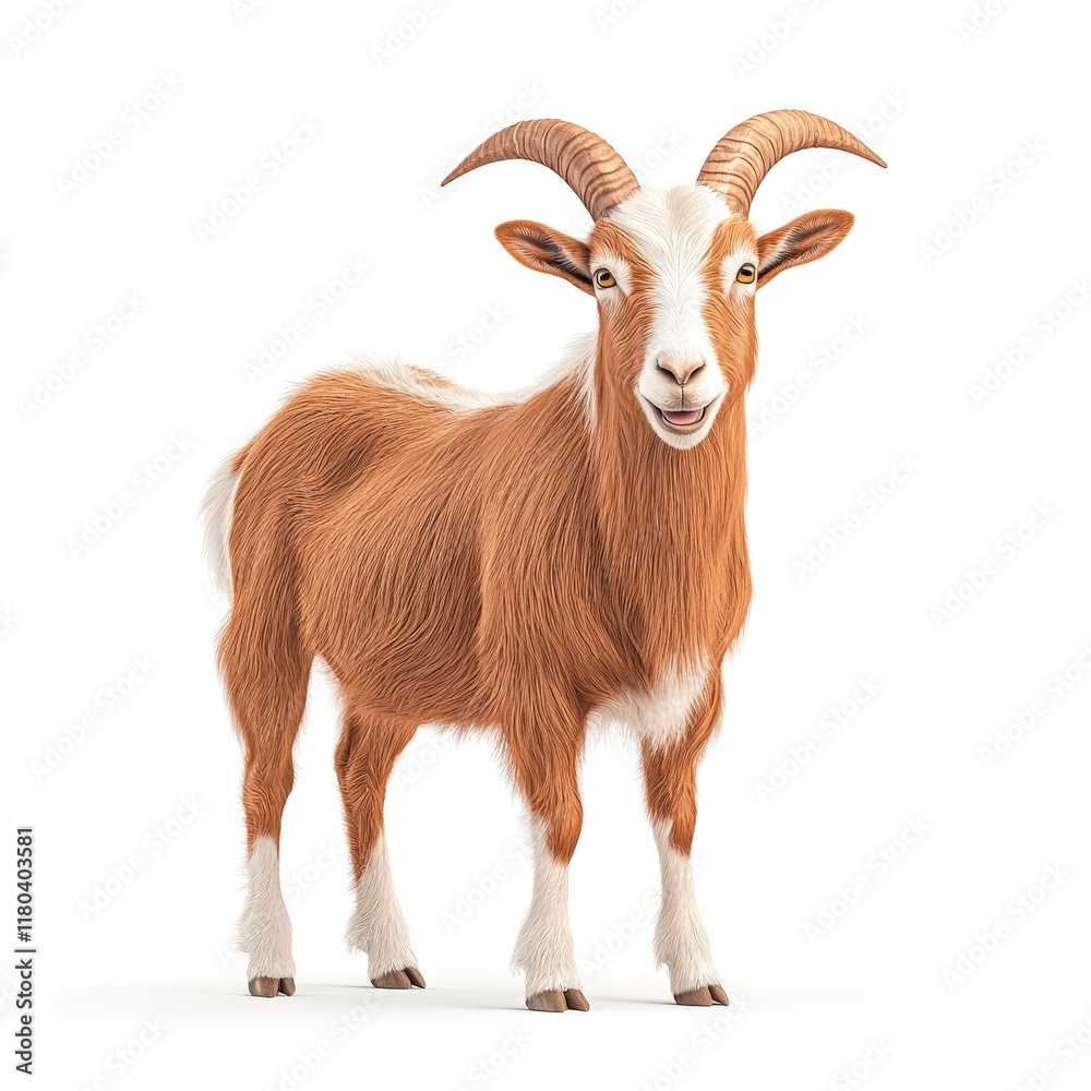 A charming brown Nubian goat with impressive horns stands confidently, showcasing its unique features and friendly demeanor.