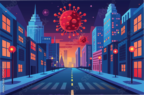 An empty city street with glowing red hmpv virus particles floating above symbolizing the impact of the pandemic lockdown clipart vector