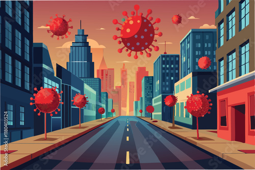 An empty city street with glowing red hmpv virus particles floating above symbolizing the impact of the pandemic lockdown clipart vector