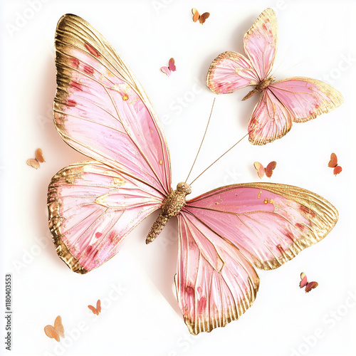 Borboletas  rosas com detalhes doourado e gliter sobre um fundo branco. Ilustração em aquarela.