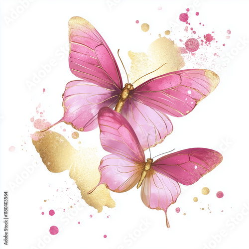Borboletas  rosas com detalhes doourado e gliter sobre um fundo branco. Ilustração em aquarela.