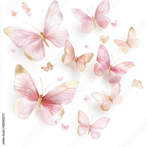 Borboletas  rosas com detalhes doourado e gliter sobre um fundo branco. Ilustração em aquarela.