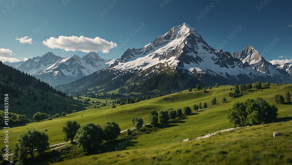 Obraz premium Majestic snow-capped mountains rise above a lush green valley, dotted with trees and winding paths.