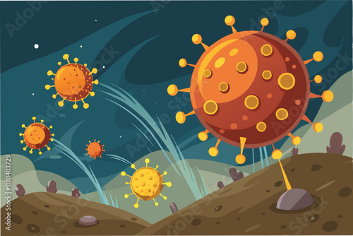 An artistic representation of the Hantahmpv virus spreading through airborne particles with glowing hmpv virus shapes blending into dusty background clipart vector