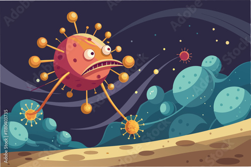 An artistic representation of the Hantahmpv virus spreading through airborne particles with glowing hmpv virus shapes blending into dusty background clipart vector