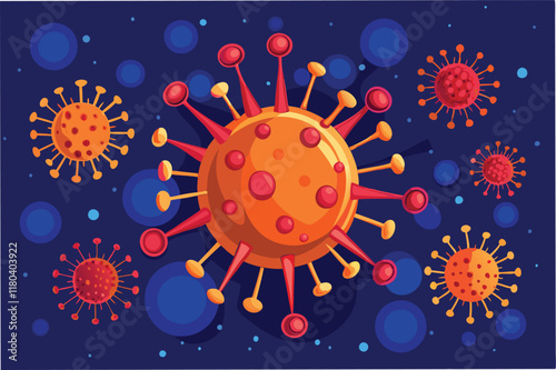Microscopic view of hmpv virus cells with glowing green and blue hues, on dark scientific background clipart vector