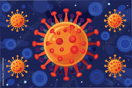 Microscopic view of hmpv virus cells with glowing green and blue hues, on dark scientific background clipart vector