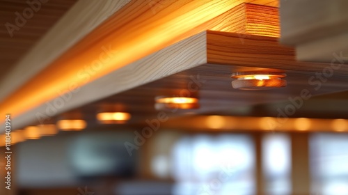 Wood beams with lights under a ceiling, blurred room background, design use. photo