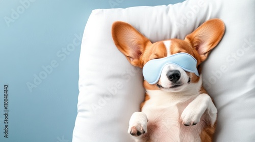 An adorable corgi lying on its back with a light blue sleeping mask, snuggled against a white pillow. The playful yet calming atmosphere makes this a delightful image for pet-related themes photo