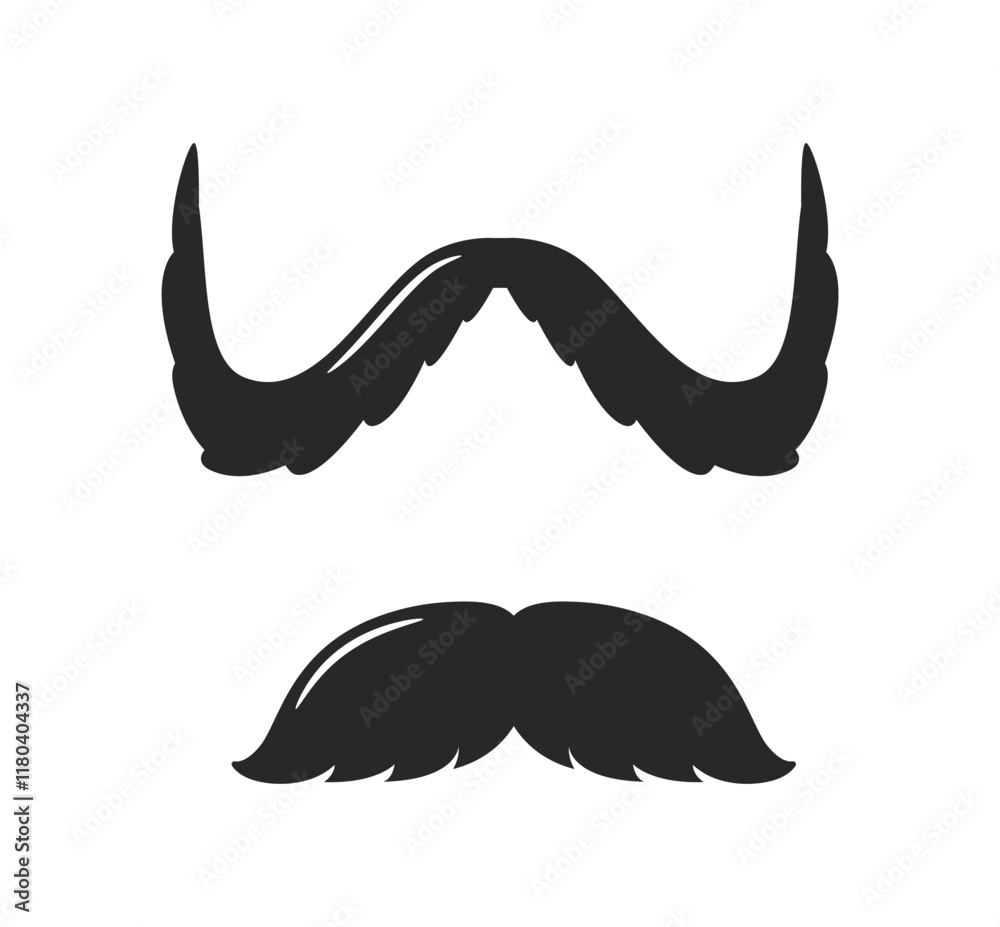 Obraz premium Two black mustache illustrations in different styles, drawn in a simple black-and-white vector design. Minimalist concept of facial hair styles. Vector illustration.
