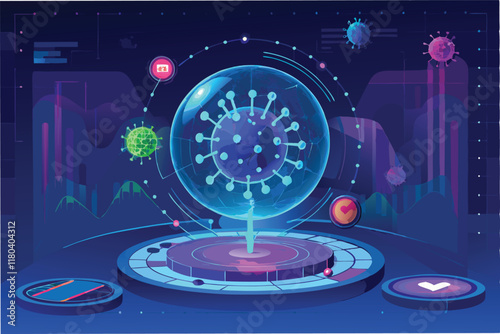 holographic 3D representation of hmpv particles rotating against glowing digital dashboard filled with futuristic medical datclipart vector