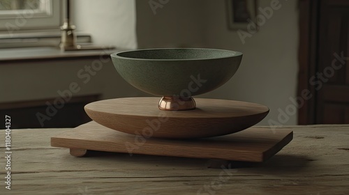 Wooden bowl on a wooden plate on a wooden table. Interior home scene. Decorative display. photo