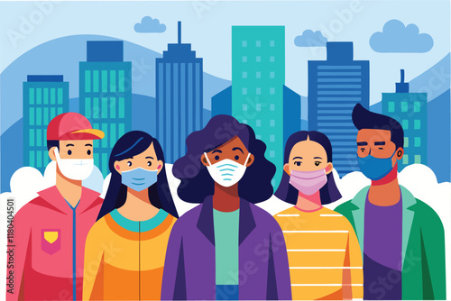 group of diverse people wearing colorful masks standing 6 feet apart with bright and hopeful cityscape in the background clipart vector