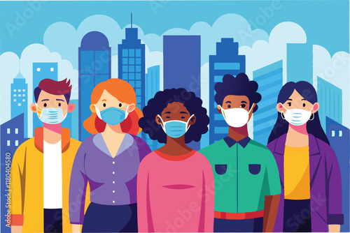 group of diverse people wearing colorful masks standing 6 feet apart with bright and hopeful cityscape in the background clipart vector