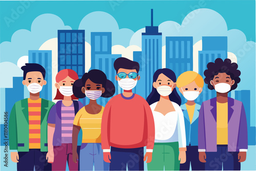 group of diverse people wearing colorful masks standing 6 feet apart with bright and hopeful cityscape in the background clipart vector
