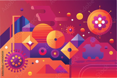 graphical abstract background with geometric shapes and layers of hmpv virus icons blended with gradient shades of red orange and purple clipart vector