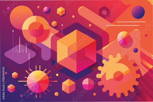 graphical abstract background with geometric shapes and layers of hmpv virus icons blended with gradient shades of red orange and purple clipart vector