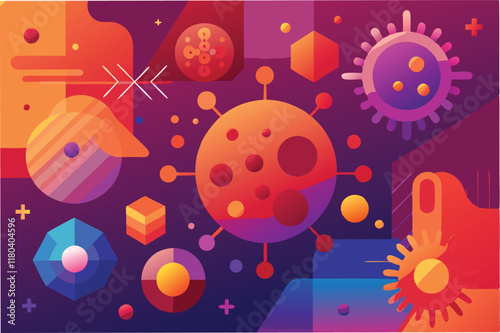 graphical abstract background with geometric shapes and layers of hmpv virus icons blended with gradient shades of red orange and purple clipart vector