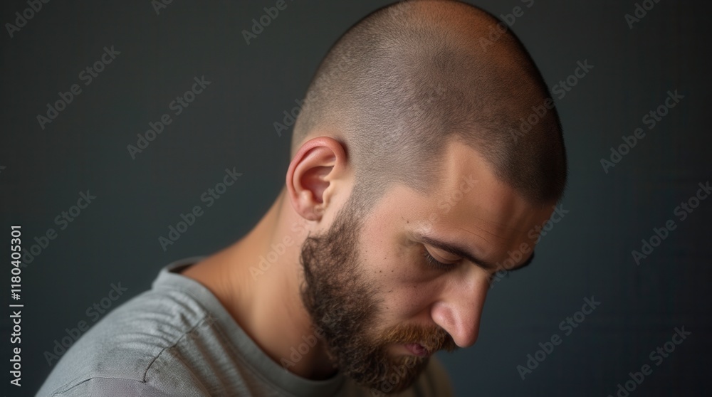 Fototapeta premium Hair Loss, Portrait And Man With Before And After For Results Of Stress, Cancer Or Depression In Men. Bald, Cosmetics And Skin By Scalp With Alopecia For Hairline Transplant