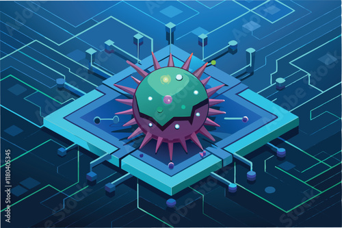 digital representation of the hmpv virus with sharp spiky details floating over dark circuit like surface with faint neon blue accents clipart vector