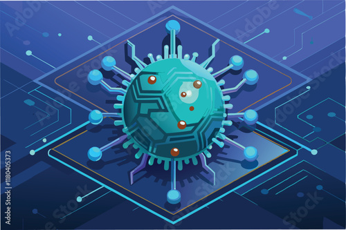 digital representation of the hmpv virus with sharp spiky details floating over dark circuit like surface with faint neon blue accents clipart vector
