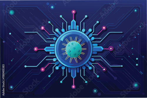 digital representation of the hmpv virus with sharp spiky details floating over dark circuit like surface with faint neon blue accents clipart vector