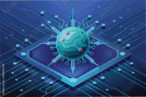 digital representation of the hmpv virus with sharp spiky details floating over dark circuit like surface with faint neon blue accents clipart vector