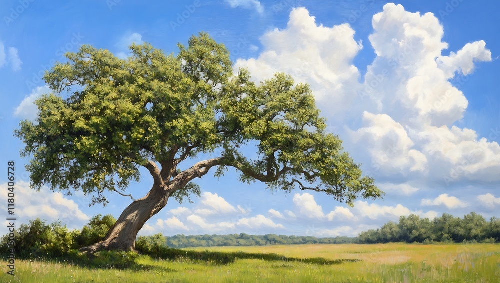 A serene landscape featuring a large tree under a blue sky with clouds. A serene landscape featuring a large tree under a blue sky with clouds.