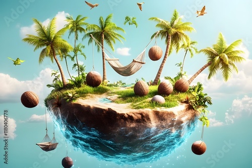 Serene Tropical Island with Floating Coconuts Palms and Hammocks