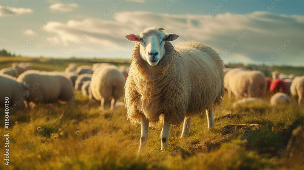 Sheep Grazing in Lush Green Pasture Under Bright Blue Sky Sheep Grazing in Lush Green Pasture Under Bright Blue Sky