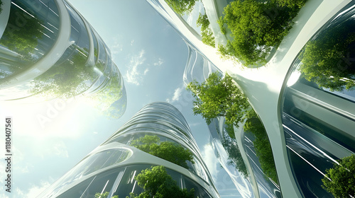 Sustainable futuristic cityscape, low angle view of modern buildings with greenery, sunny day.