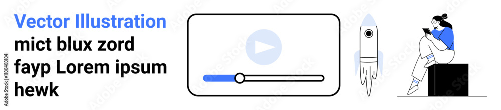 Video player with play button, rocket, and person reading on bench. Ideal for tech blogs, educational videos, space topics, digital content, online learning relaxation lifestyle blogs. Landing page Video player with play button, rocket, and person reading on bench. Ideal for tech blogs, educational videos, space topics, digital content, online learning relaxation lifestyle blogs. Landing page
