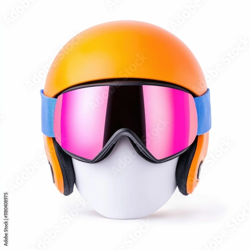 Vibrant and colorful ski helmet with protective goggles  isolated on a clean white background  This modern winter sports gear represents the latest in design  technology