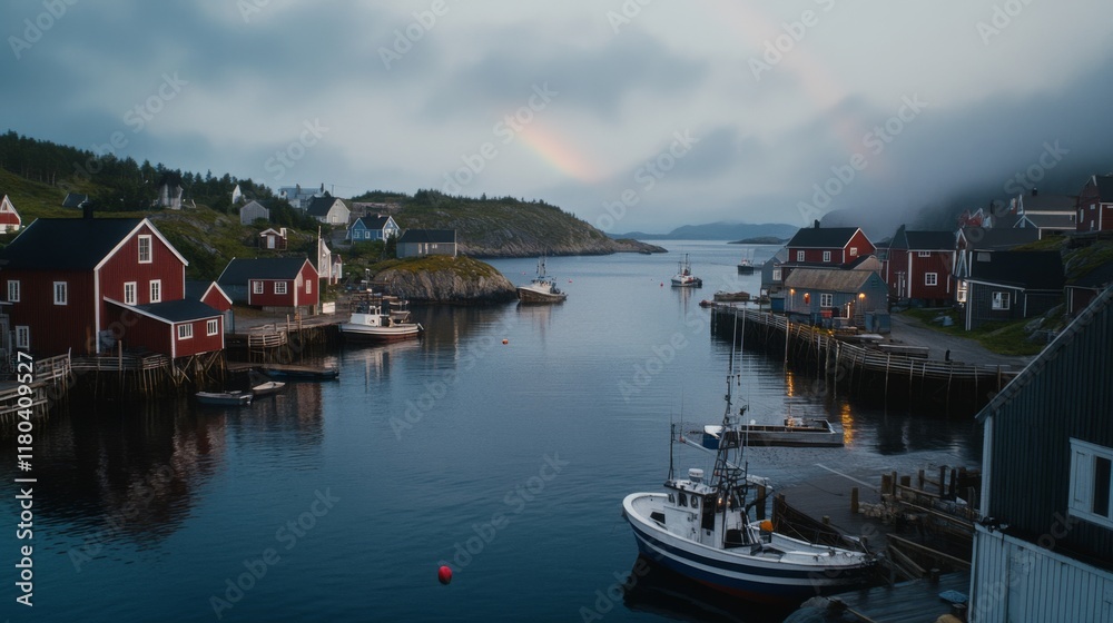 Quaint coastal village with red houses, misty skies, and fishing boats peacefully anchored in serene waters. Quaint coastal village with red houses, misty skies, and fishing boats peacefully anchored in serene waters.