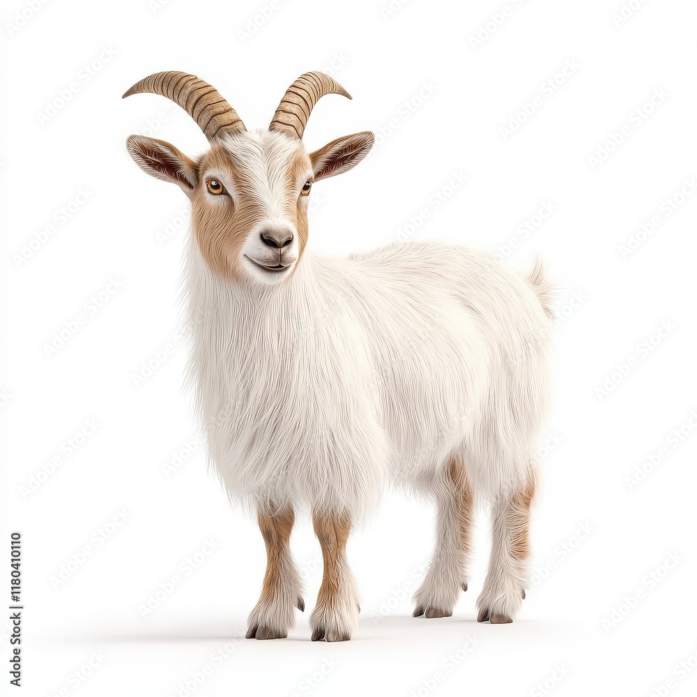 Fototapeta premium A cute, fluffy white Pygmy goat with charming horns, standing proudly and ready for a photoshoot in a bright, clean environment.