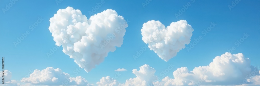 Two white clouds resembling heart shapes float gently in the clear blue sky with fluffy white clouds surrounding them, heart clouds blue sky, sky views, calming Two white clouds resembling heart shapes float gently in the clear blue sky with fluffy white clouds surrounding them, heart clouds blue sky, sky views, calming