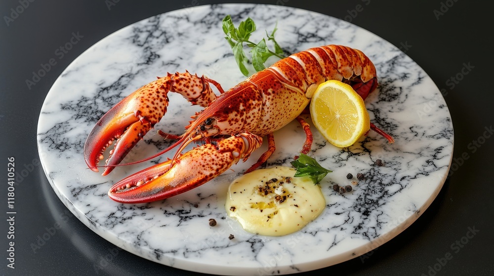 Cooked Lobster Served on Marble Plate with Lemon and Sauce Cooked Lobster Served on Marble Plate with Lemon and Sauce
