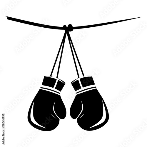 Black Boxing Gloves Hanging on a String Illustration, Sports Equipment Symbol, Boxing Icon Design for Fitness, Gym, Combat Sports, Training, or Logo Creation