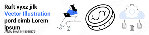 Woman using laptop, large dollar coin, cloud gear icon with hanging folders. Ideal for technology, finance, business solutions, cloud computing, digital marketing, productivity tools, and online