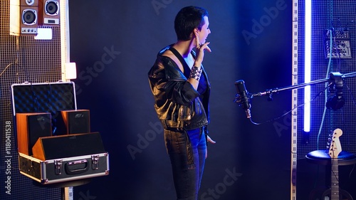 Rebellious rock performer protesting with a hush mute sign in studio, symbolizing no hate and anti bullying social messages. Rocker with leather jacket asking to be silent. Camera A. photo